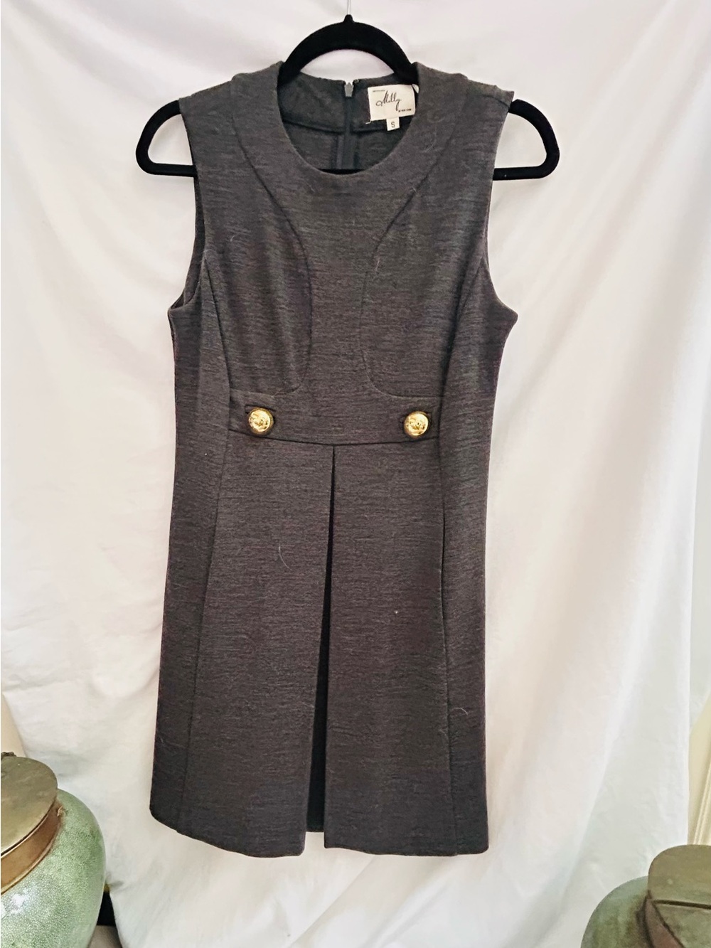 Milly Sleeveless Charcoal Shift Dress with Gold-Tone Buttons
